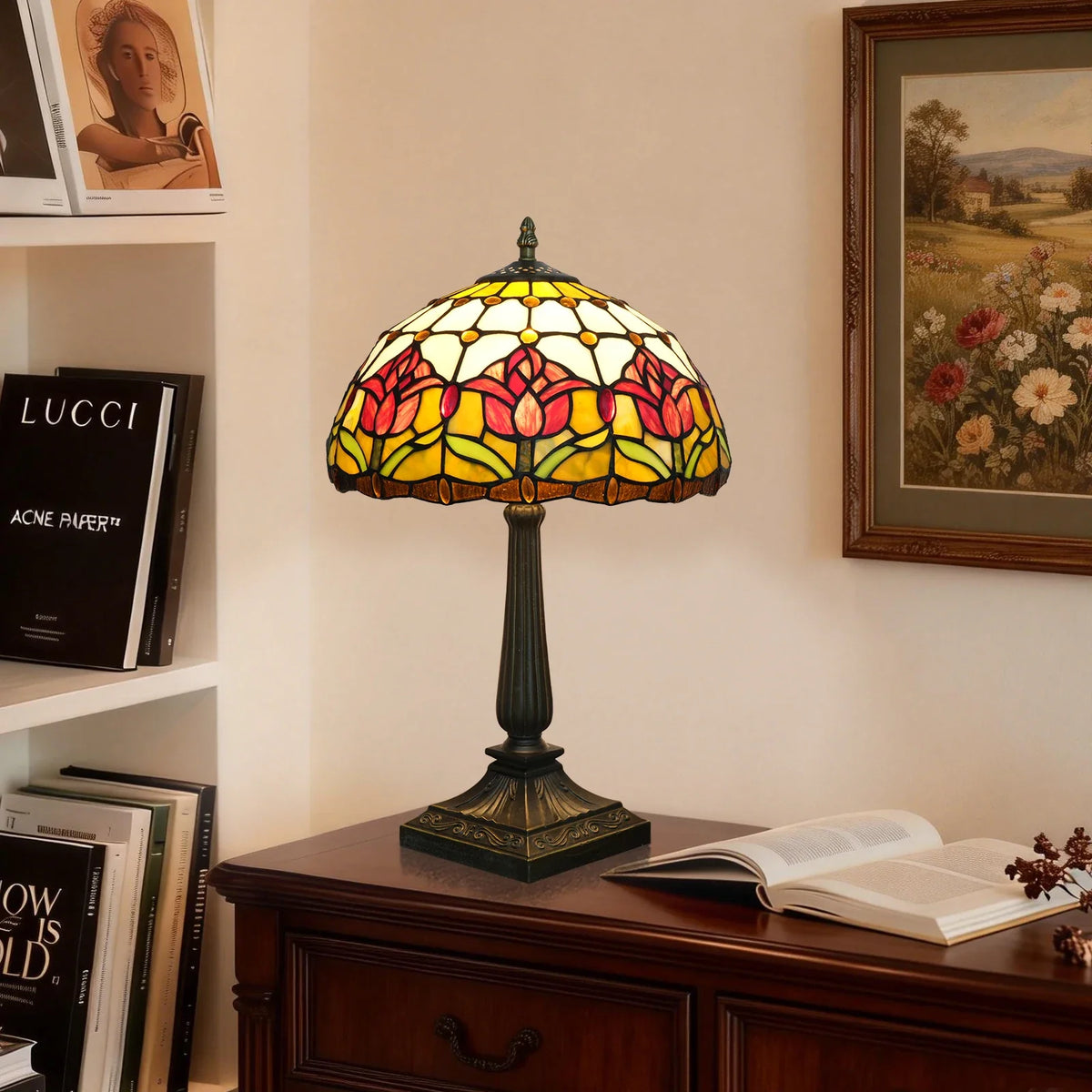 ODIFF Tiffany table lamp in tinted glass, red tulip shade, bedside reading lamp, living room, office, decoration, Thanksgiving gift