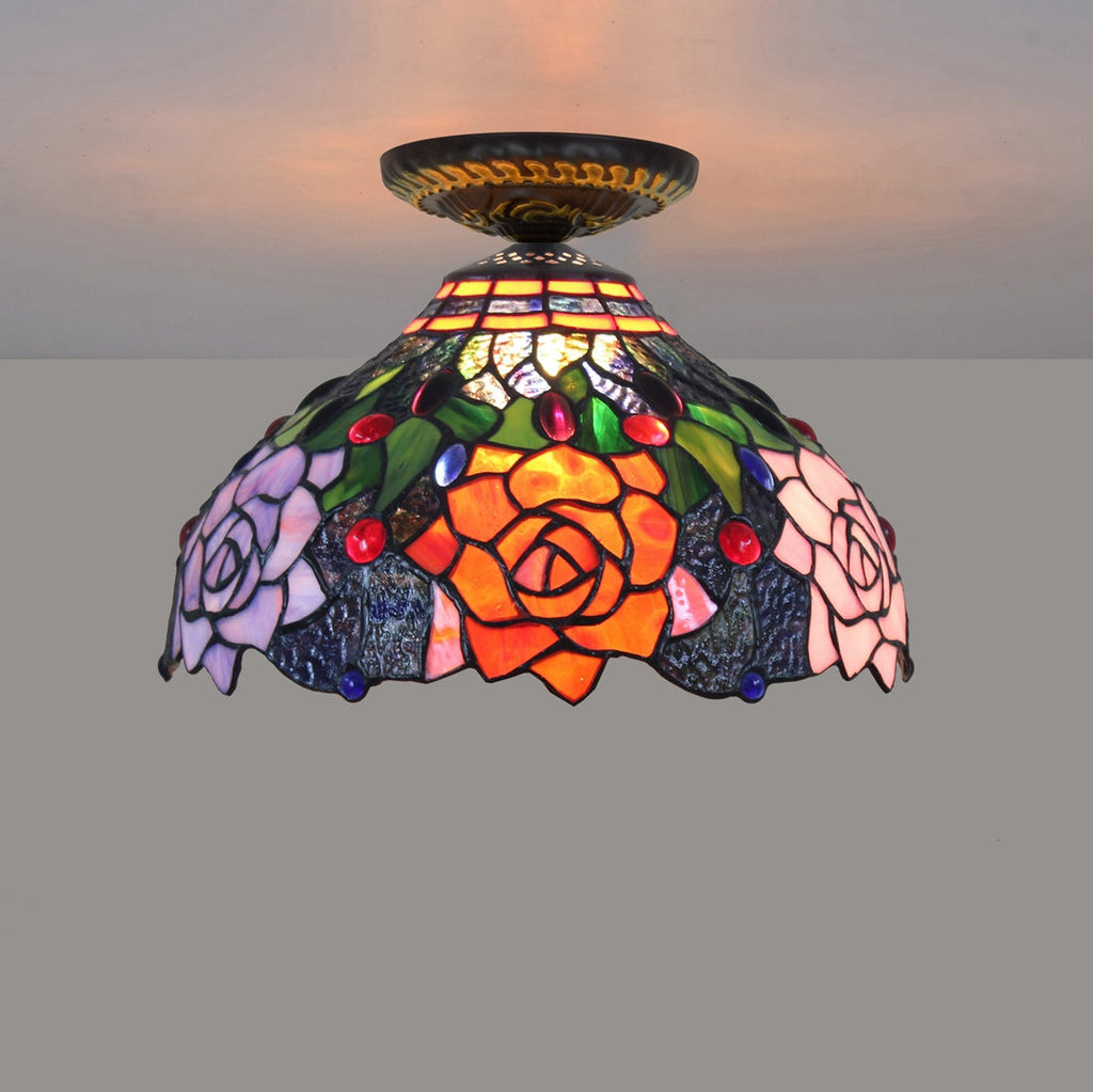 Orange Floral Rose Tiffany Stained Glass Ceiling Light