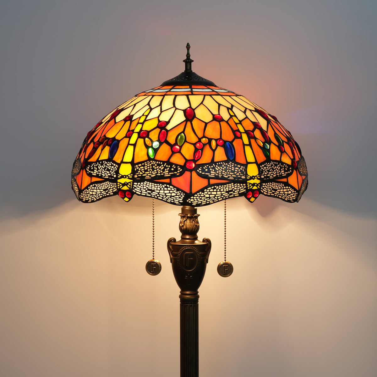 Orange Stained Glass Tiffany Lamp with Dragonflies