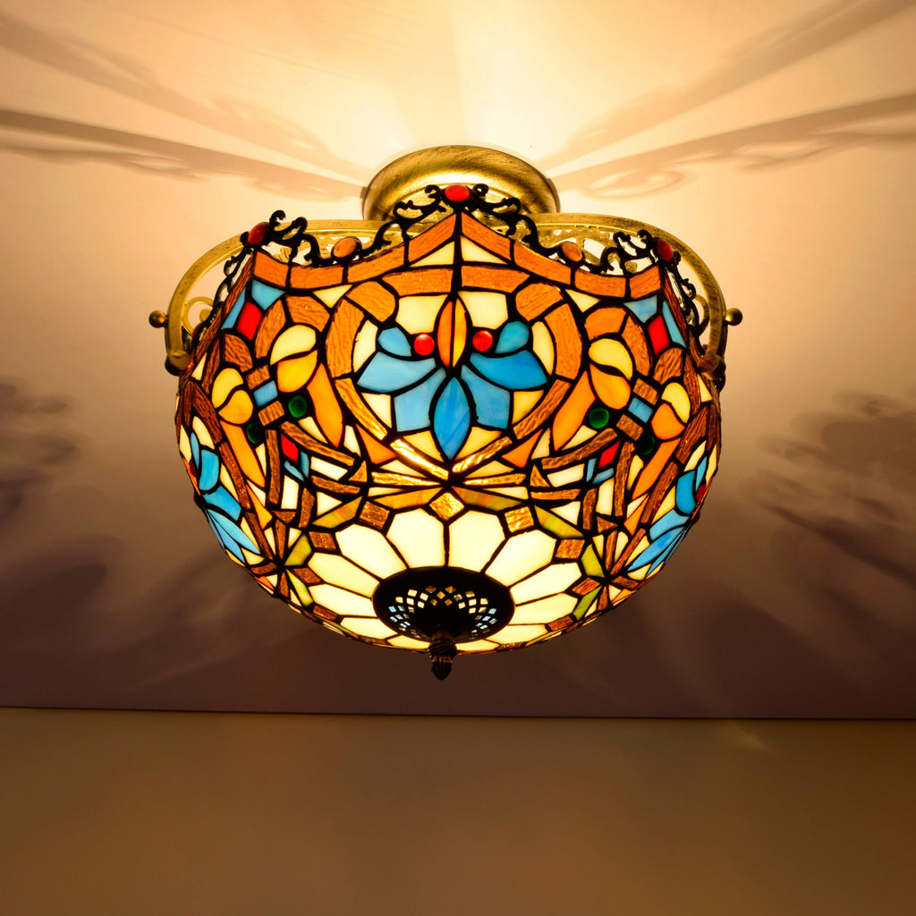 Ornate Multicolor Stained Glass Tiffany Ceiling Light
