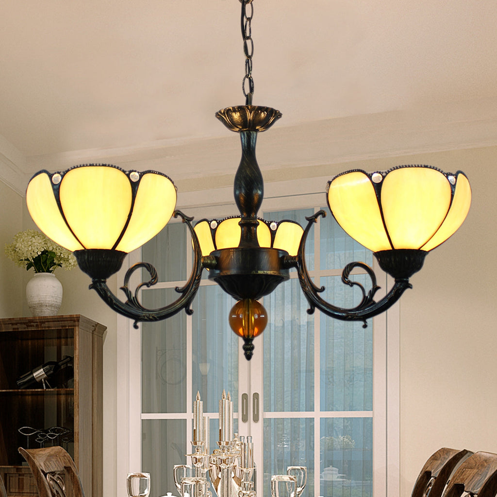Ornate Tiffany-style chandelier with 3 arms and cream glass
