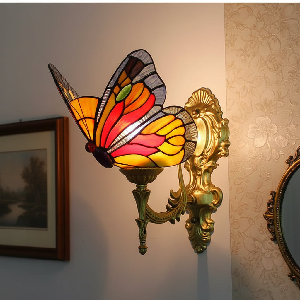 Ornate Tiffany Style Stained Glass Butterfly Wall Sconce