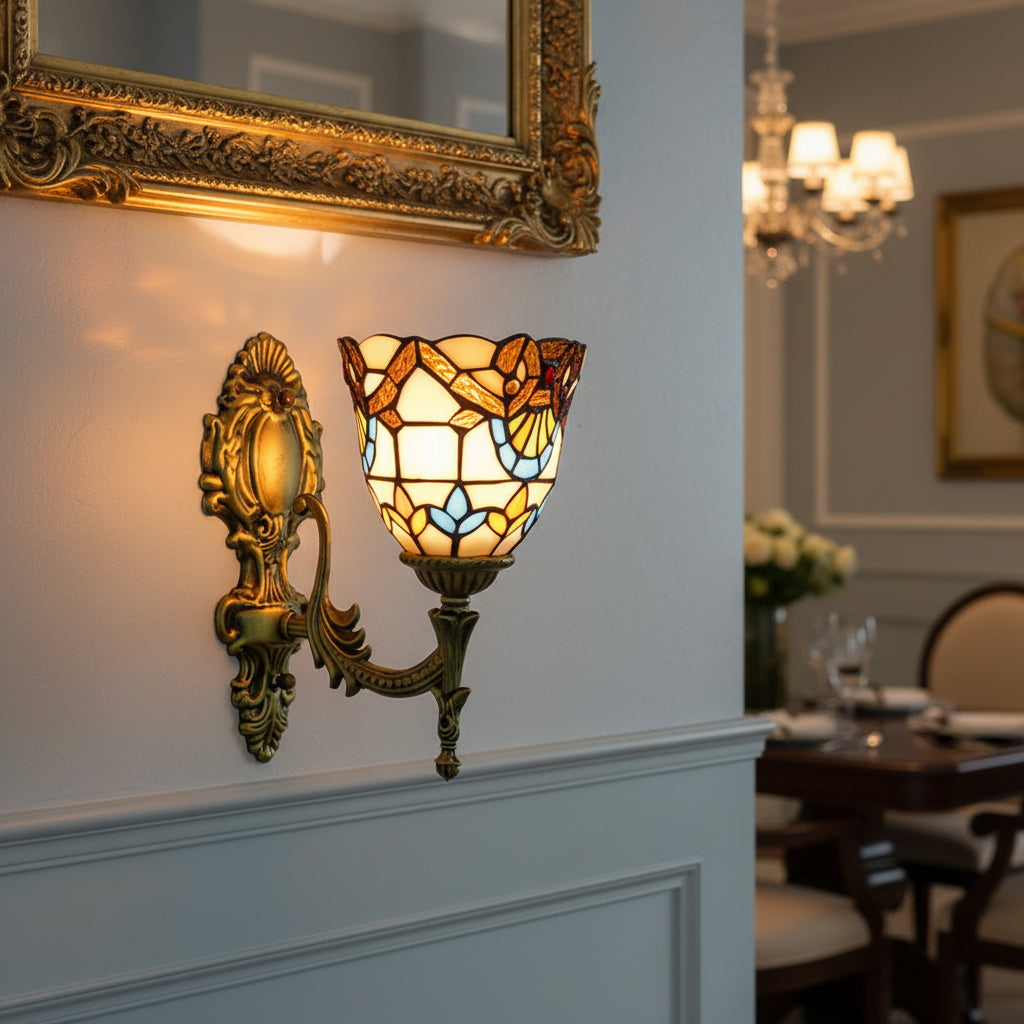 Ornate Tiffany Style Stained Glass Wall Sconce