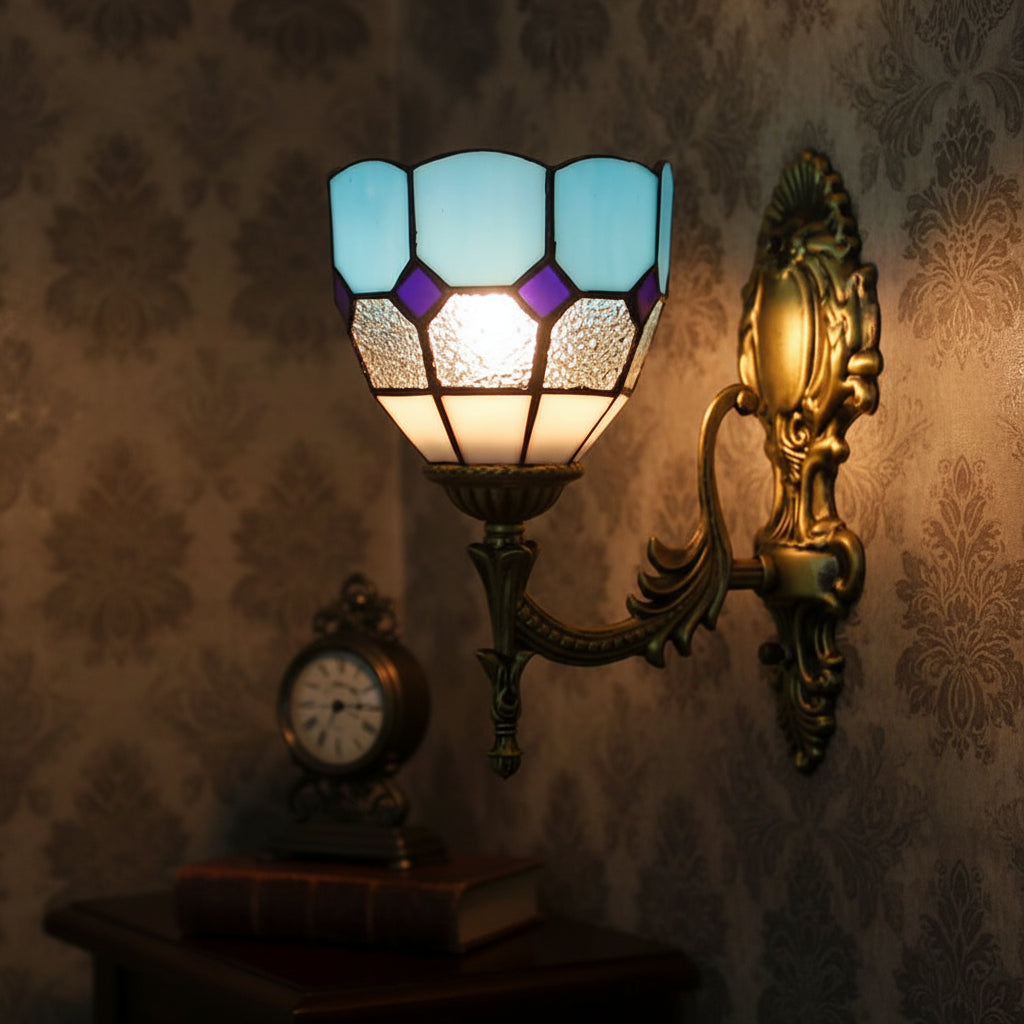 Ornate Wall Sconce in Blue and Purple Tinted Glass
