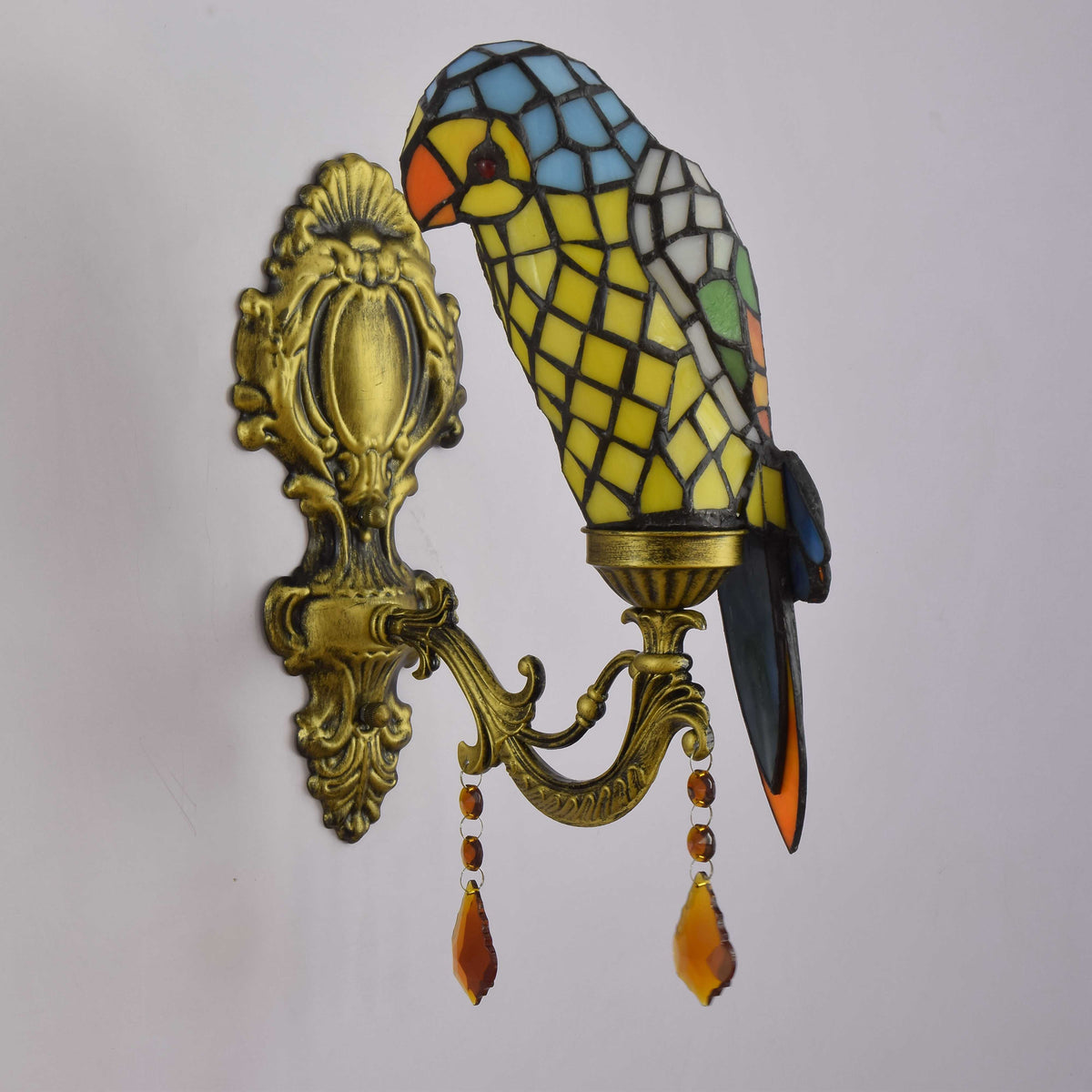 Parrot Wall Sconce in Tiffany Glass and Gilded Brass