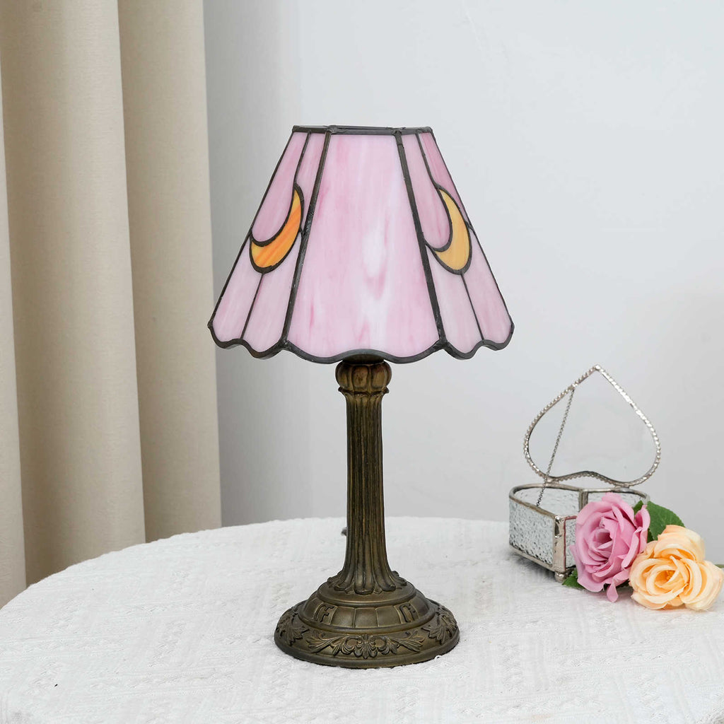 Pink Stained Glass Table Lamp with Moon Motifs