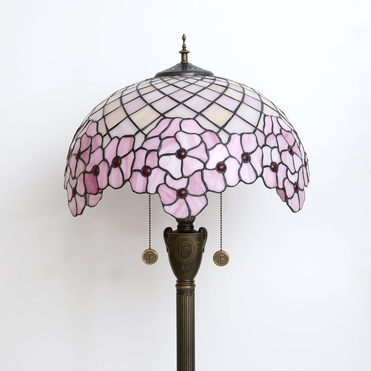 Pink Stained Glass Tiffany Floor Lamp with Floral Motif