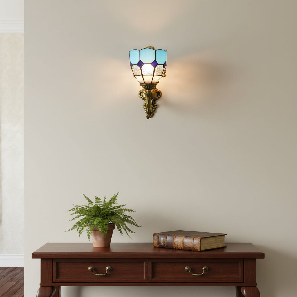 Ornate Wall Sconce in Blue and Purple Tinted Glass