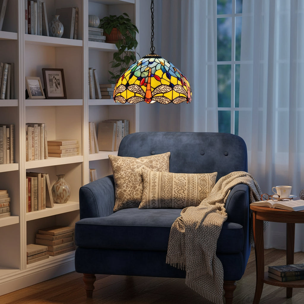 Yellow and Blue Stained Glass Tiffany Pendant Light Dragonfly