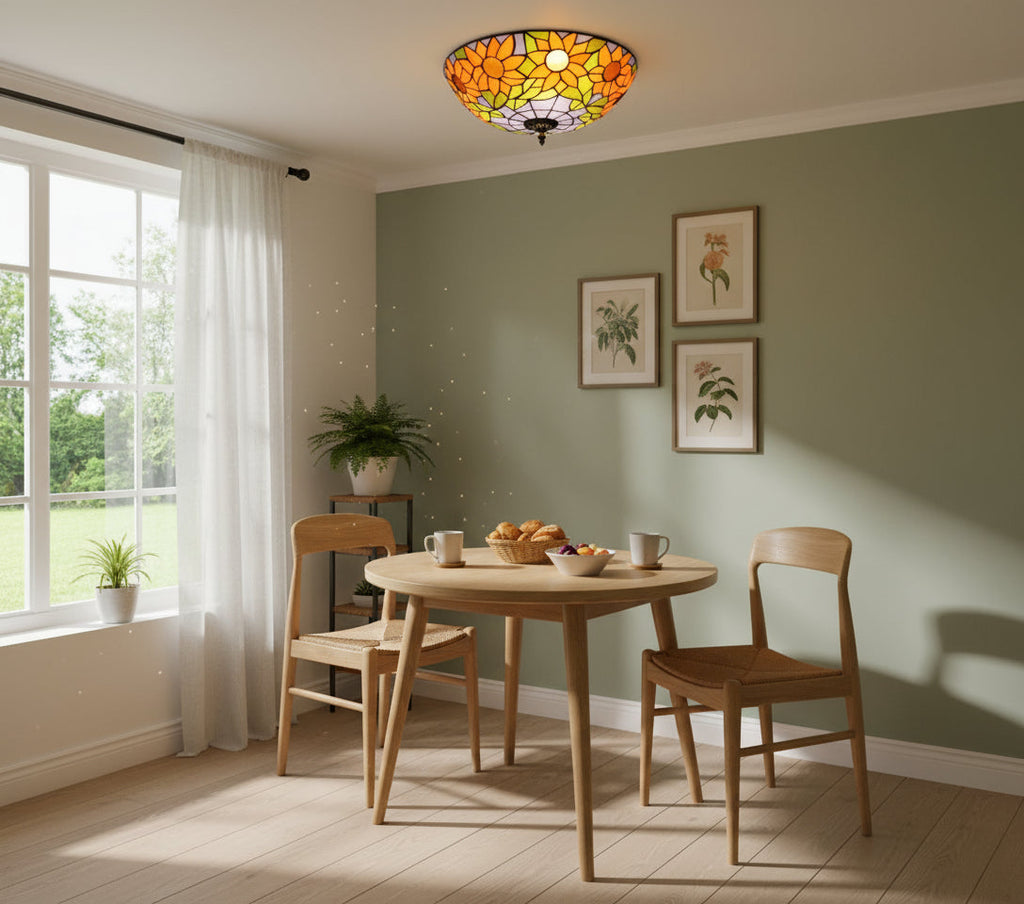 Tiffany-style stained glass ceiling light with sunflowers