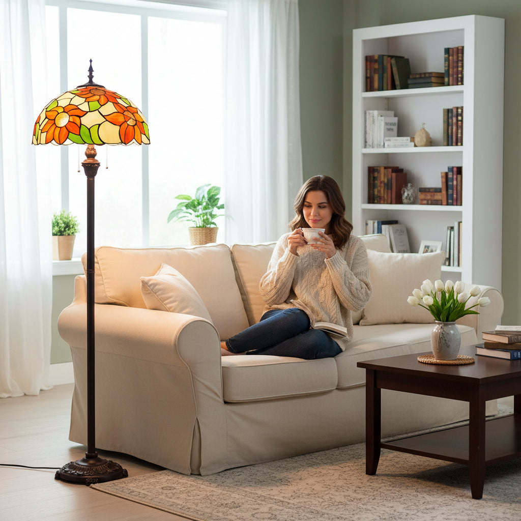 Tiffany-style floor lamp in orange floral glass