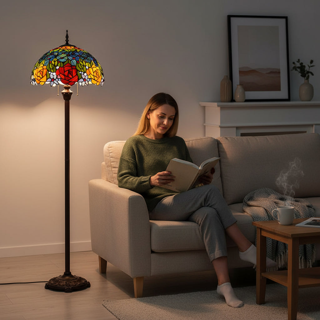 Tiffany-style stained glass floor lamp with red and yellow roses