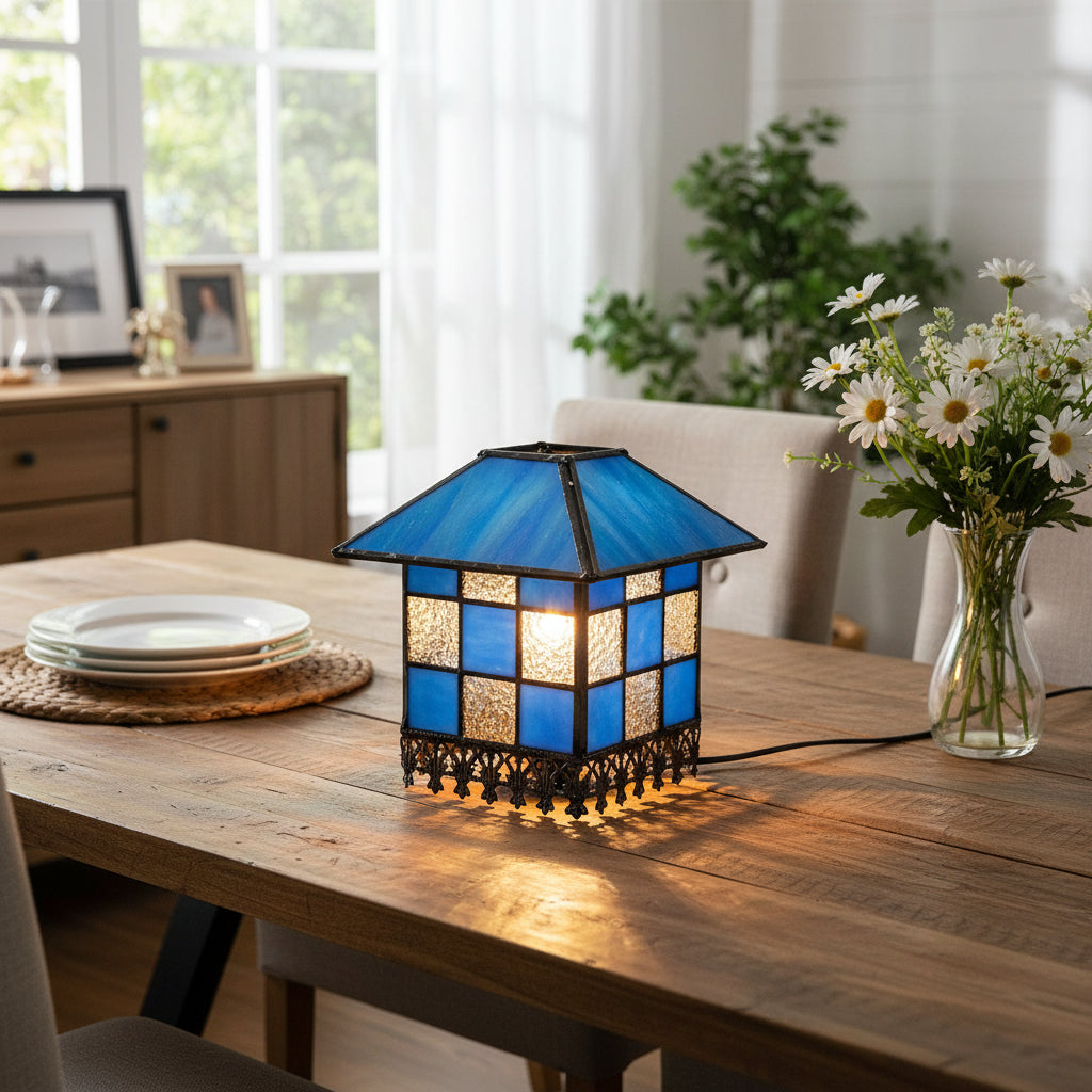 Blue tinted glass lantern lampshade with geometric checkered pattern