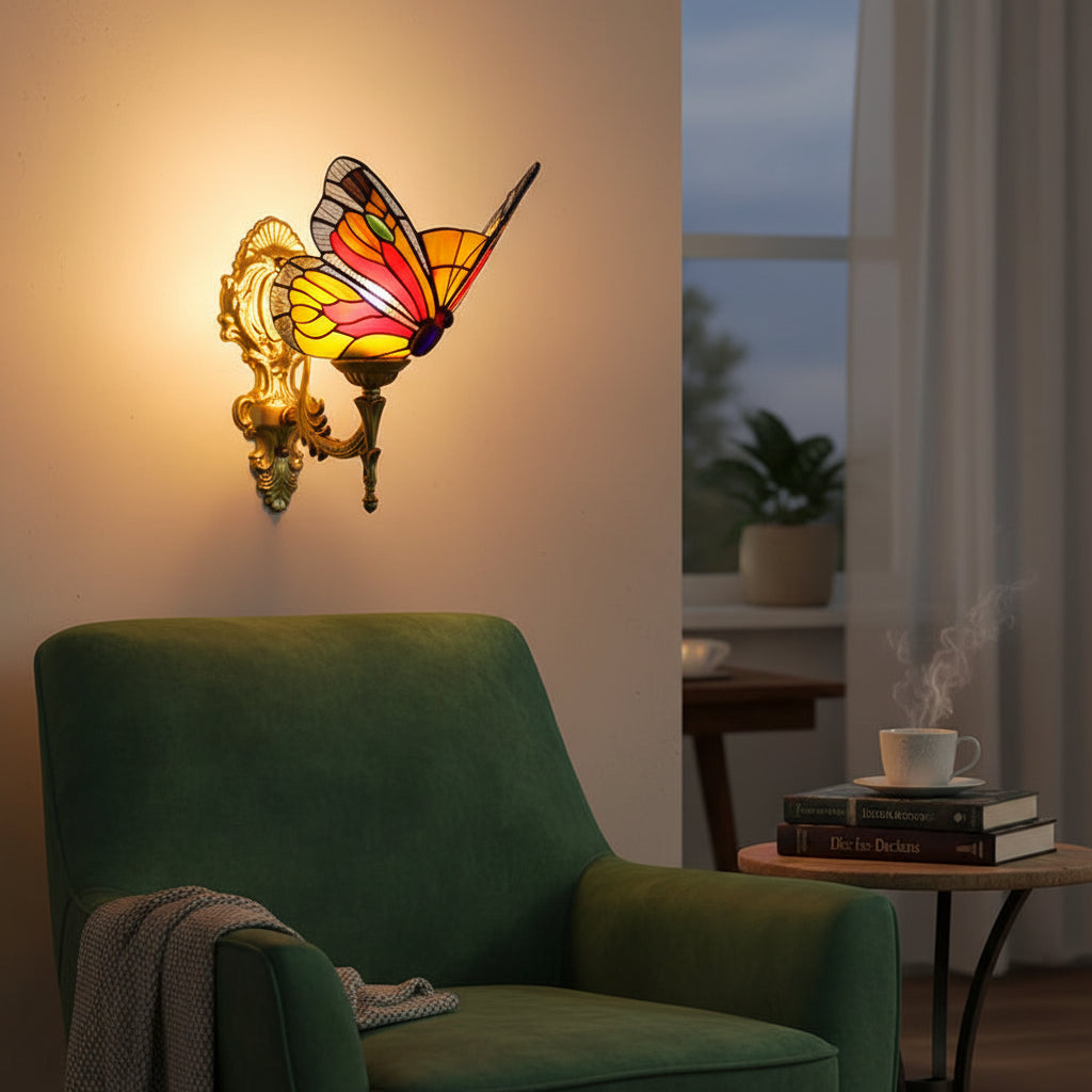Ornate Tiffany Style Stained Glass Butterfly Wall Sconce