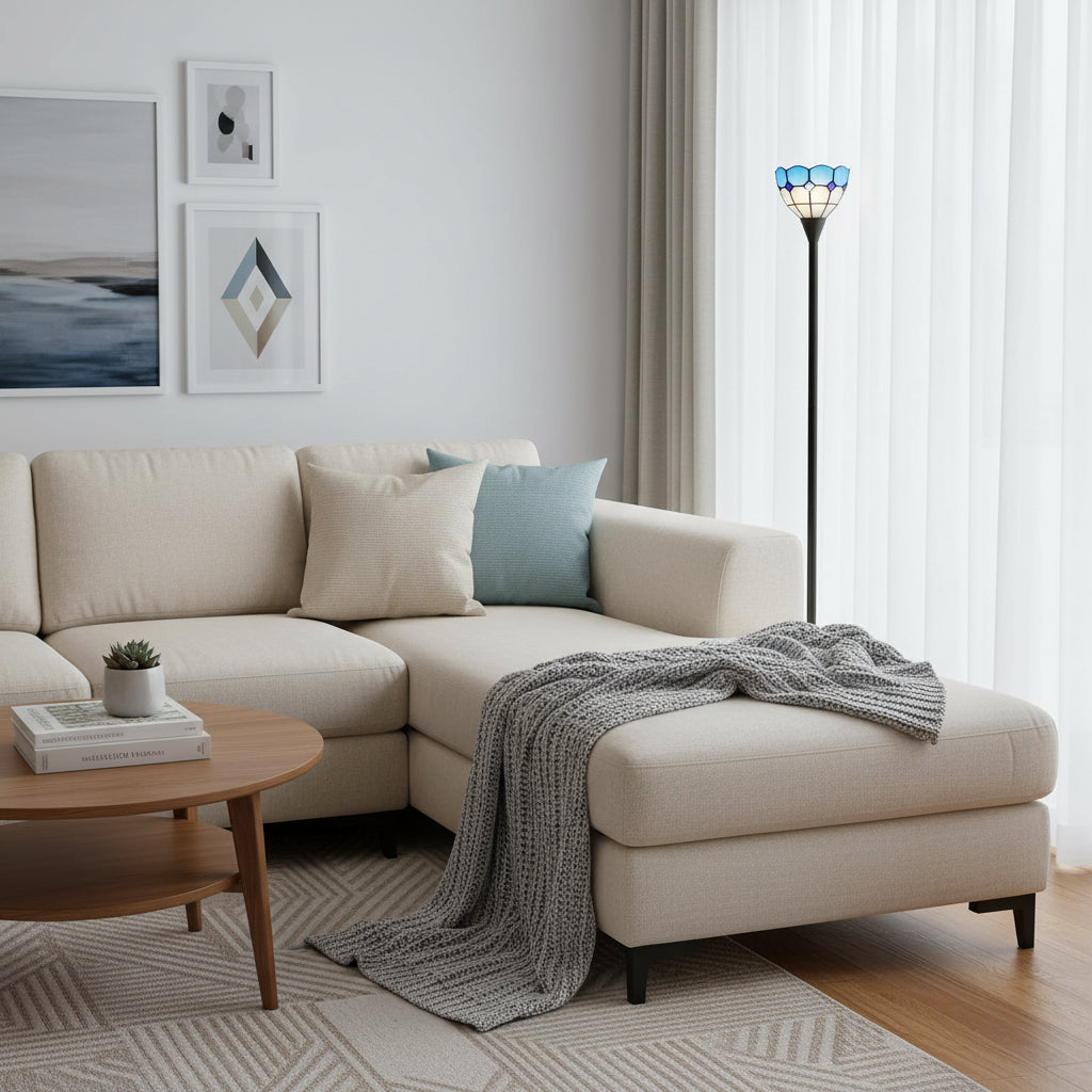 Blue and white stained glass floor lamp in the shape of a tulip
