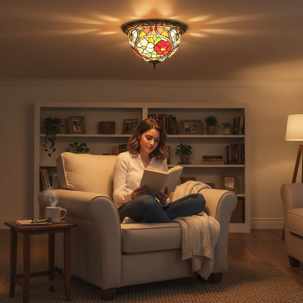 Tiffany-style Floral Stained Glass and Iron Ceiling Light