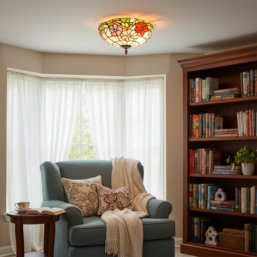 Multicolor Floral Stained Glass Ceiling Light in Tiffany Style