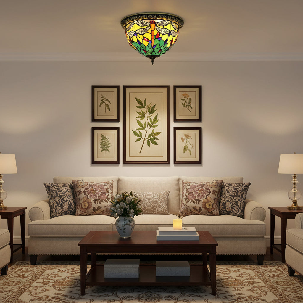 Tiffany Style Dragonfly Ceiling Light in Stained Glass