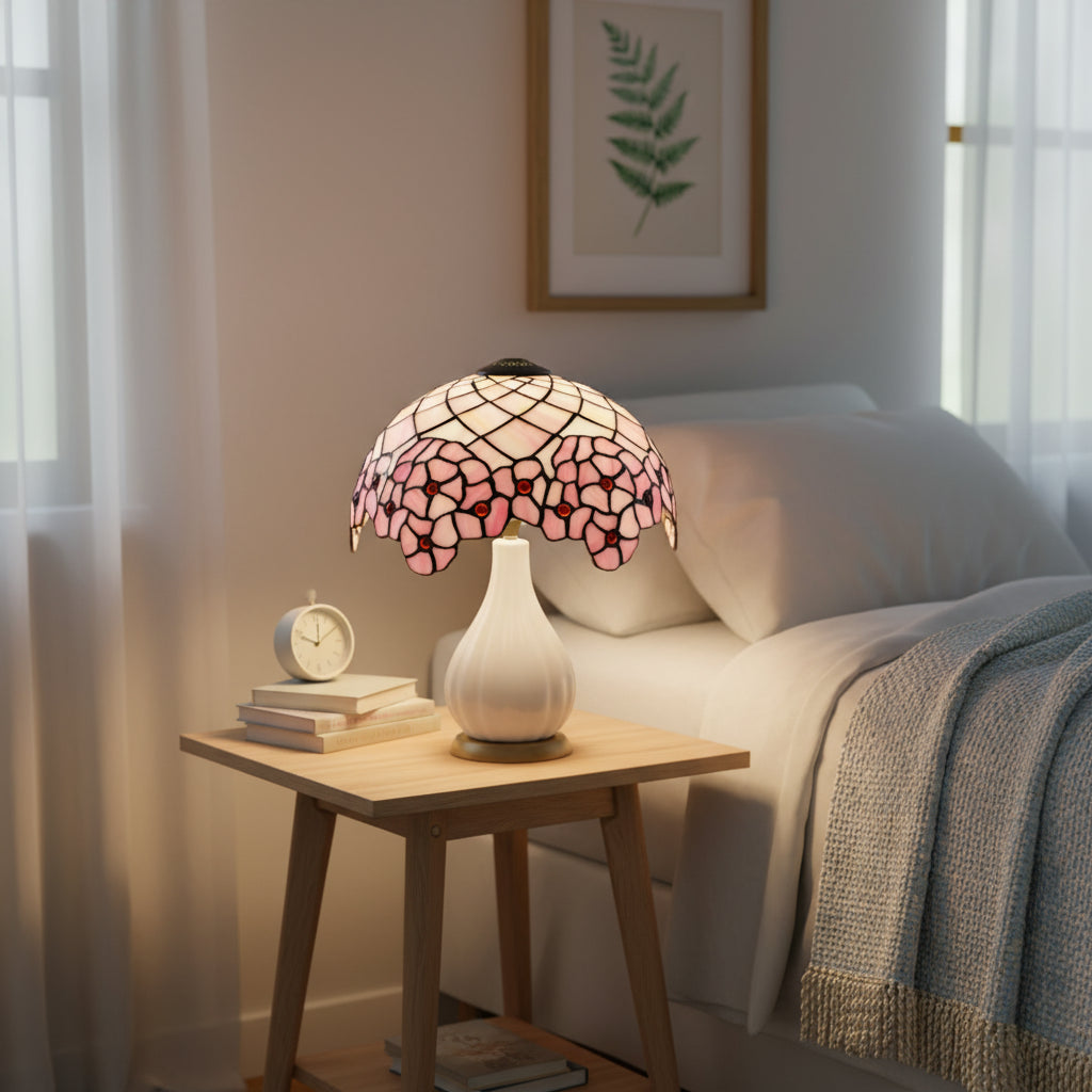 Pink Floral and Geometric Stained Glass Lampshade