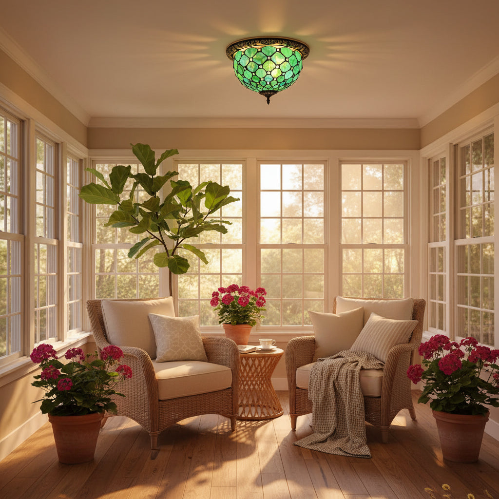 Tiffany Style Ceiling Light in Green Stained Glass