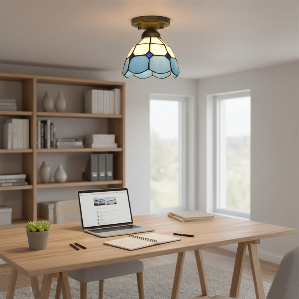 Tiffany Style Ceiling Light in Blue and White Tinted Glass