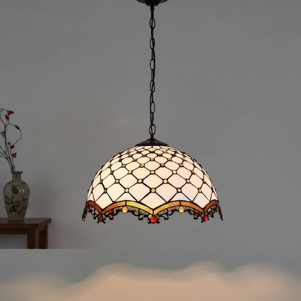 Tiffany-style Art Nouveau Stained Glass Pendant Light in White Glass