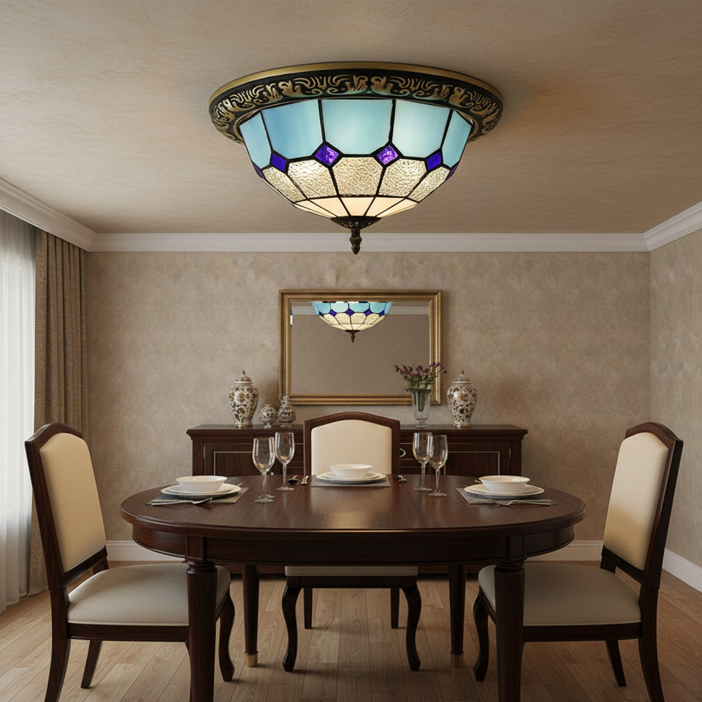 Tiffany Style Ceiling Light in Blue, Purple, and Wrought Iron