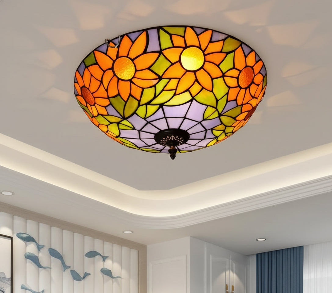 Tiffany-style stained glass ceiling light with sunflowers