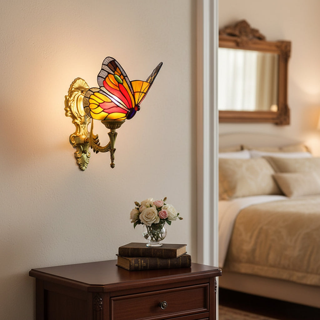 Ornate Tiffany Style Stained Glass Butterfly Wall Sconce