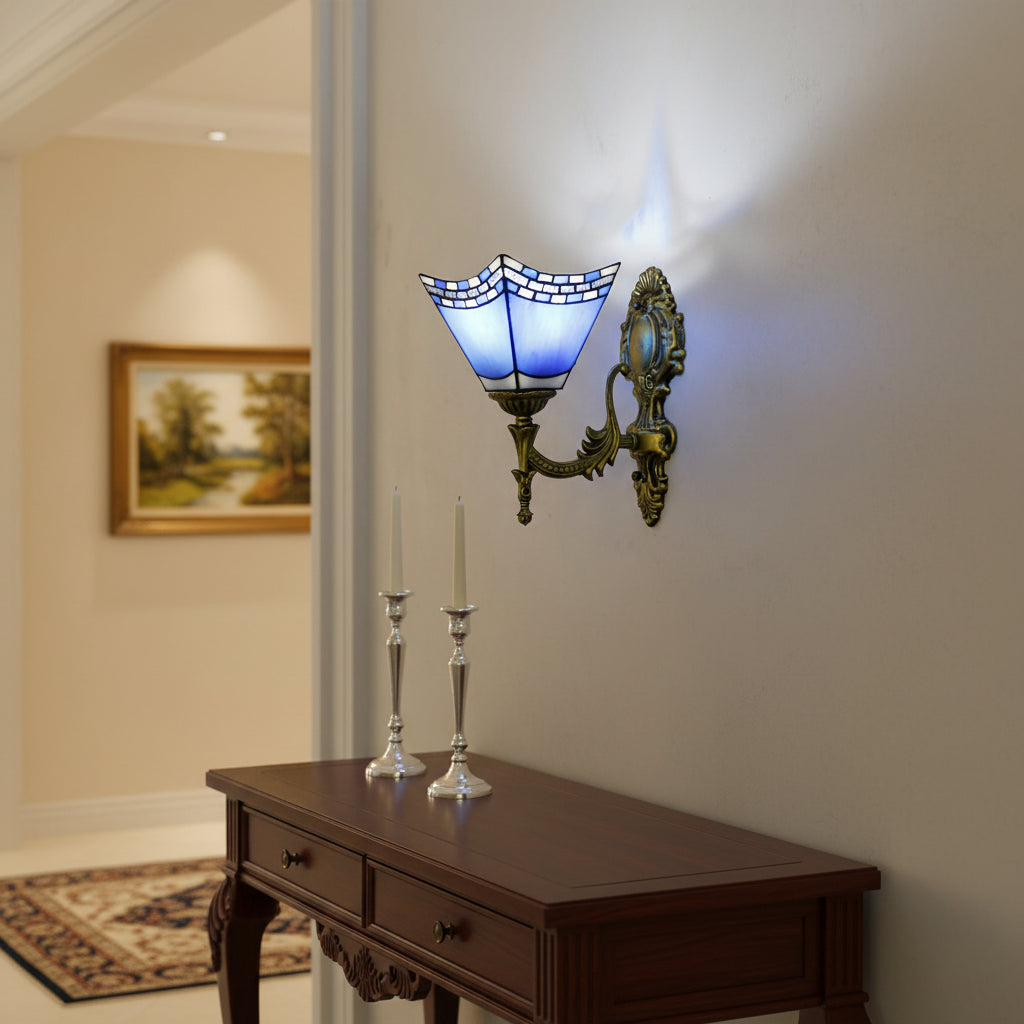 Ornate Wall Sconce in Blue and White Glass