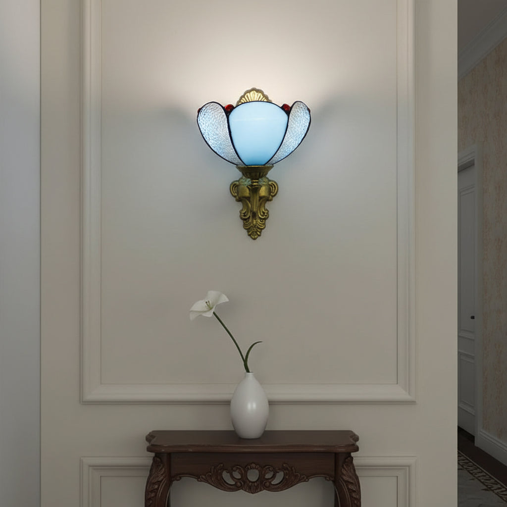 Vintage Wall Sconce in Blue Opal Glass and Antique Brass