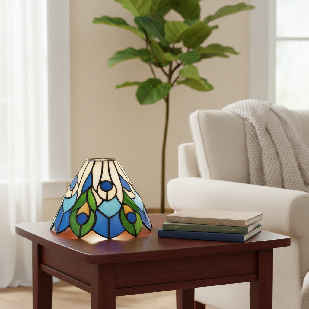 Tiffany Stained Glass Lampshade with Blue and Green Peacock Motif