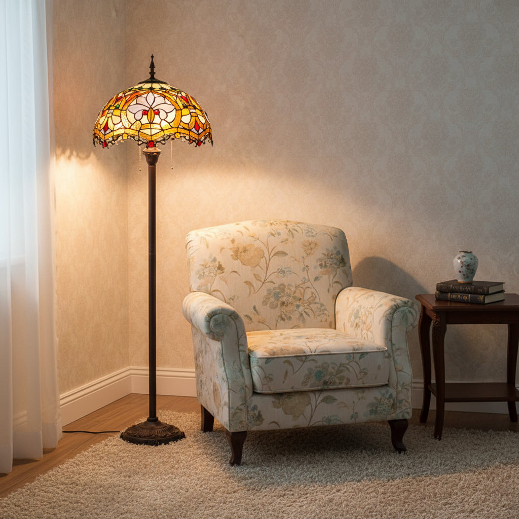 Vintage Tiffany Floor Lamp in Floral Stained Glass