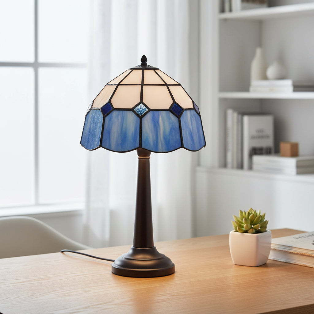 Tiffany Conical Lampshade in White and Blue Glass