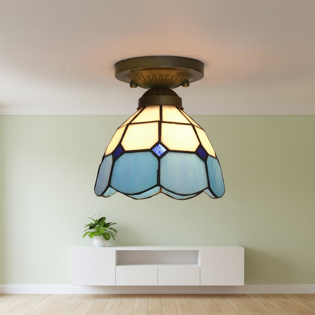 Tiffany Style Ceiling Light in Blue and White Tinted Glass