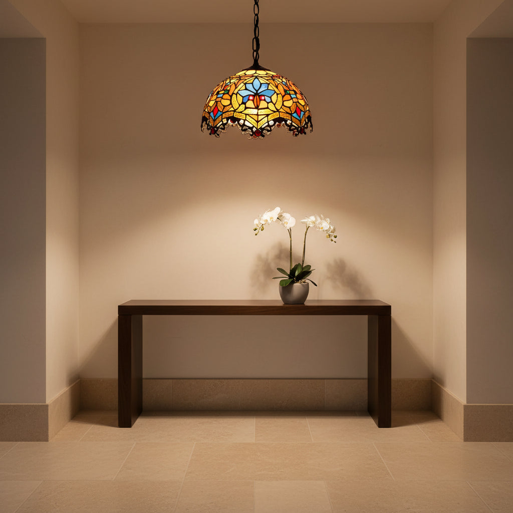 Floral Amber Glass Tiffany Pendant Light 30cm