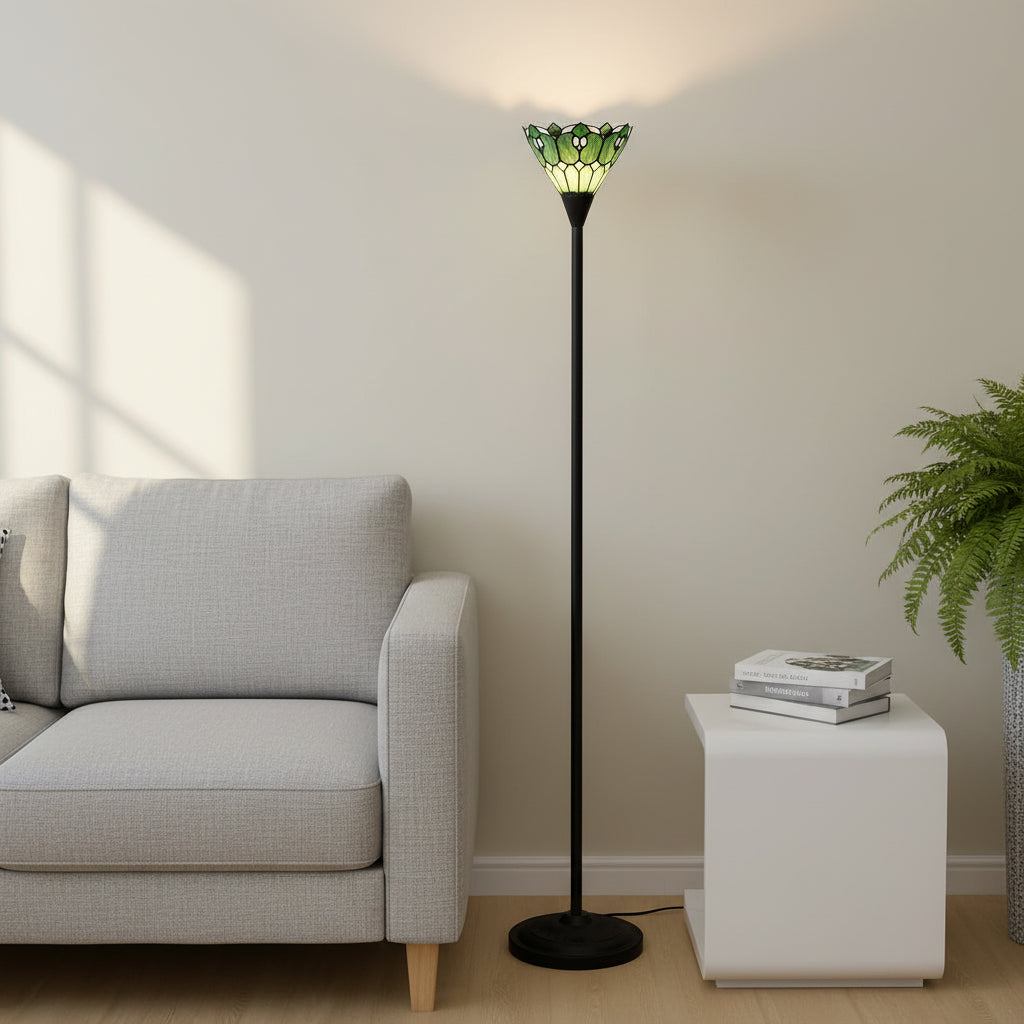 Tiffany-style floor lamp in green and cream stained glass