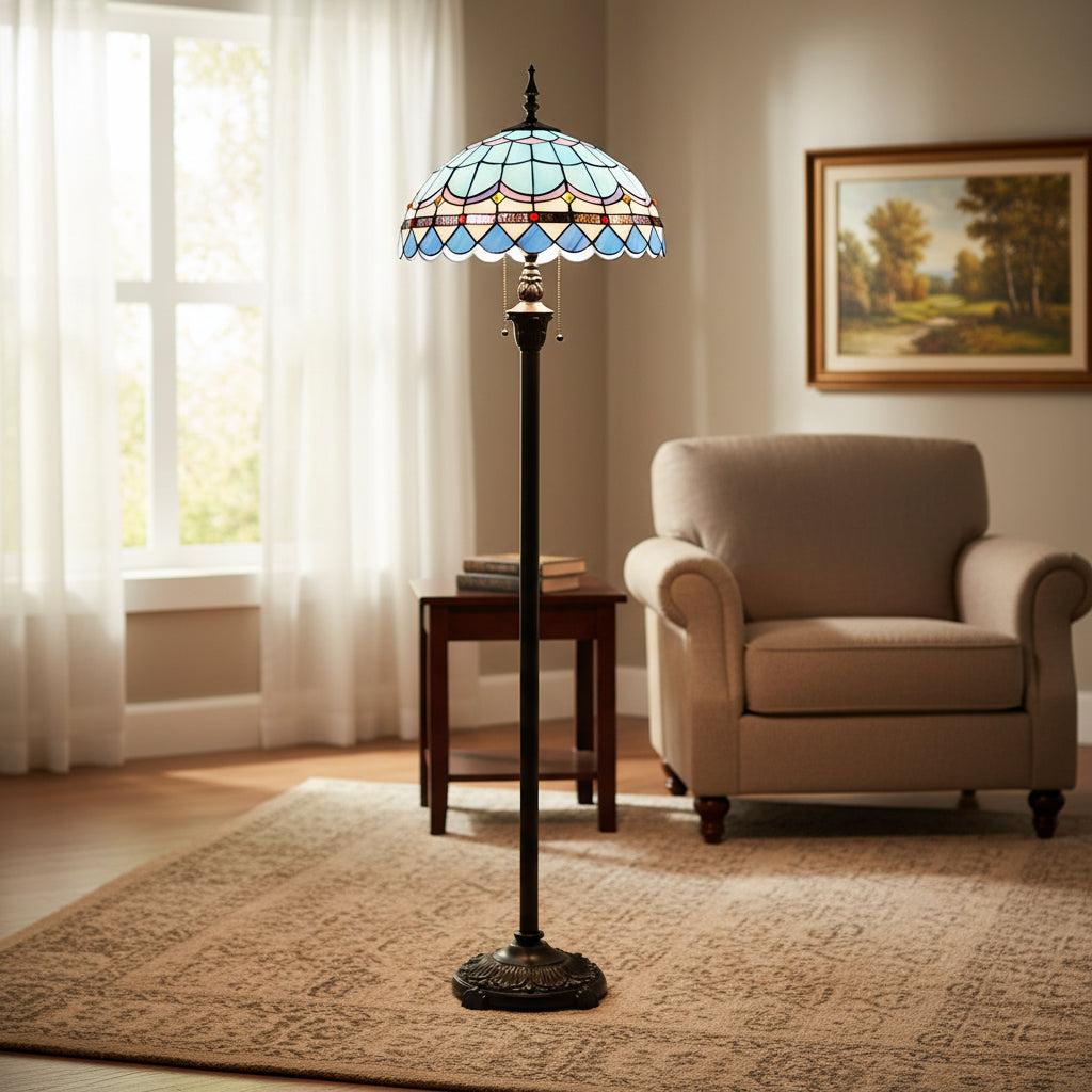 Tiffany-style floor lamp in blue and multicolored stained glass