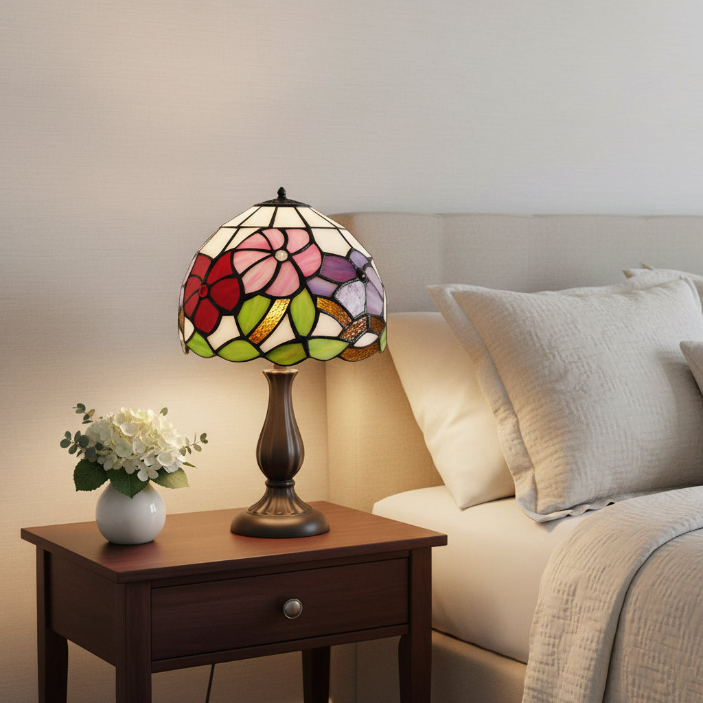 Floral Stained Glass Dome Lampshade with Beads
