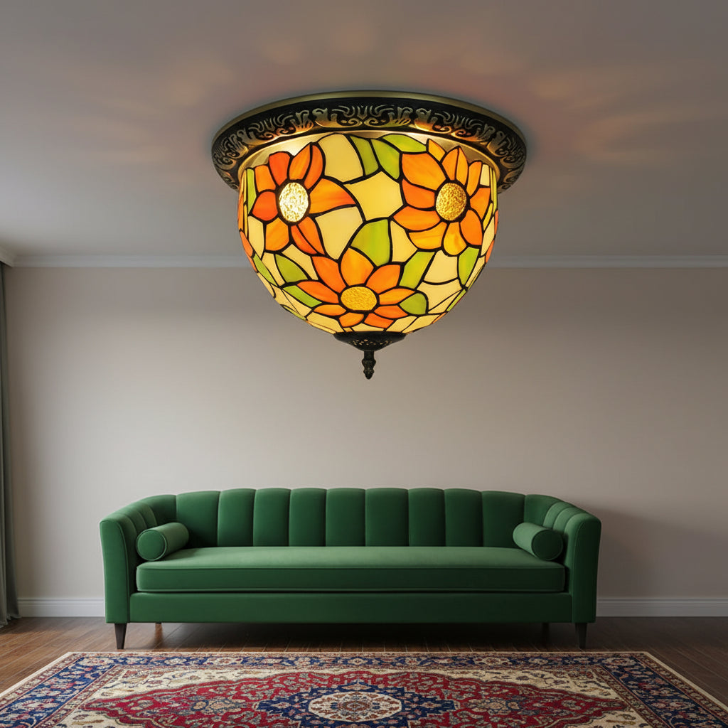 Round Tiffany Glass Ceiling Light Sunflowers Orange