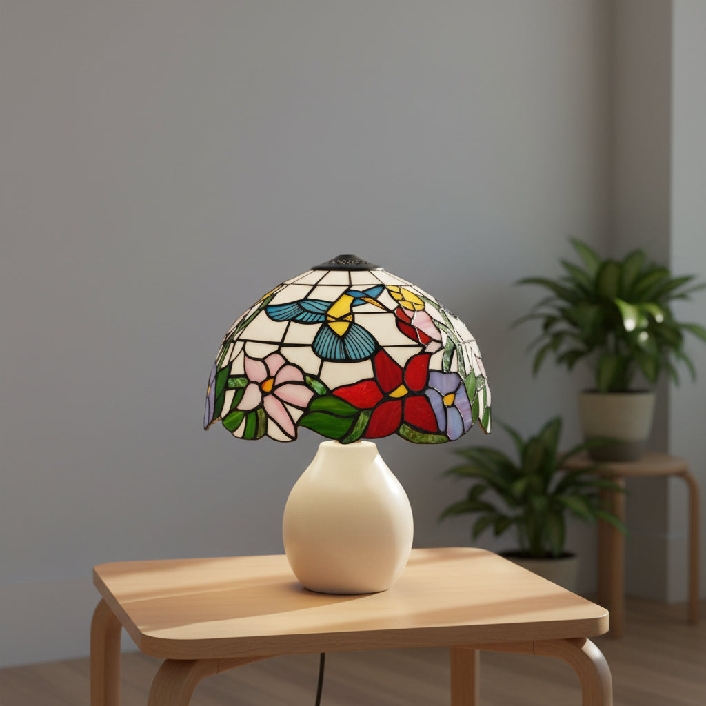 Tiffany-style stained glass lampshade with hummingbird and flower design
