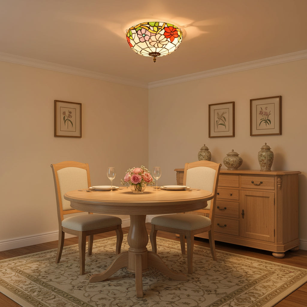 Multicolor Floral Stained Glass Ceiling Light in Tiffany Style