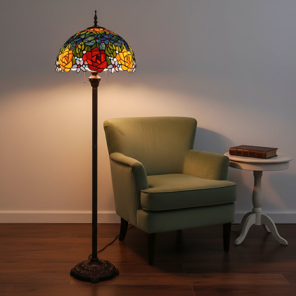 Tiffany-style stained glass floor lamp with red and yellow roses