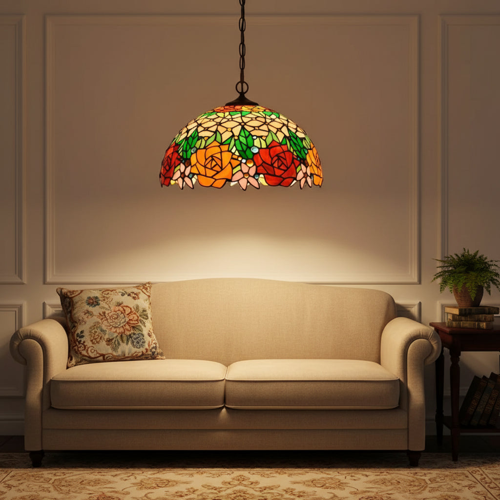 Tiffany-style stained glass rose pendant light, Ø40cm