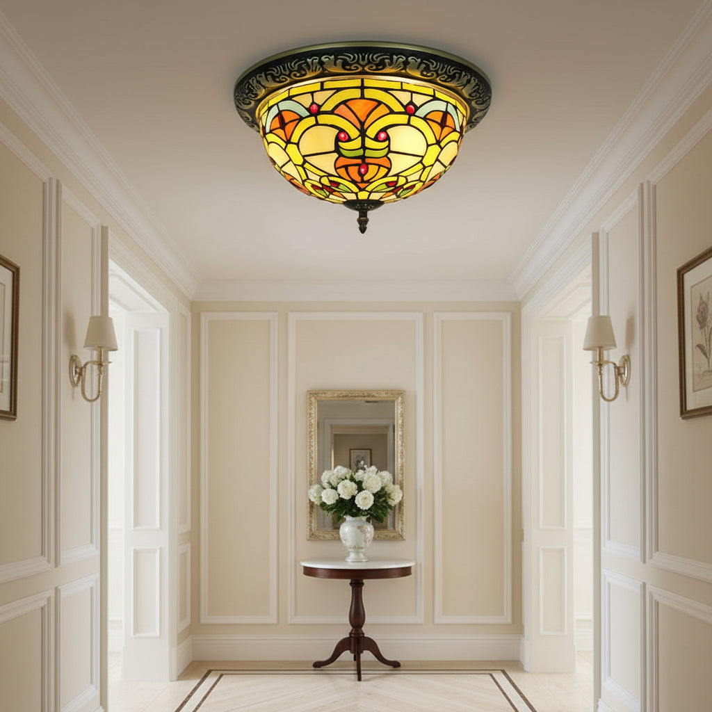Round Tiffany-style ceiling light in stained glass