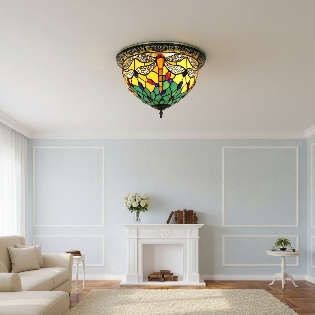 Tiffany Style Dragonfly Ceiling Light in Stained Glass