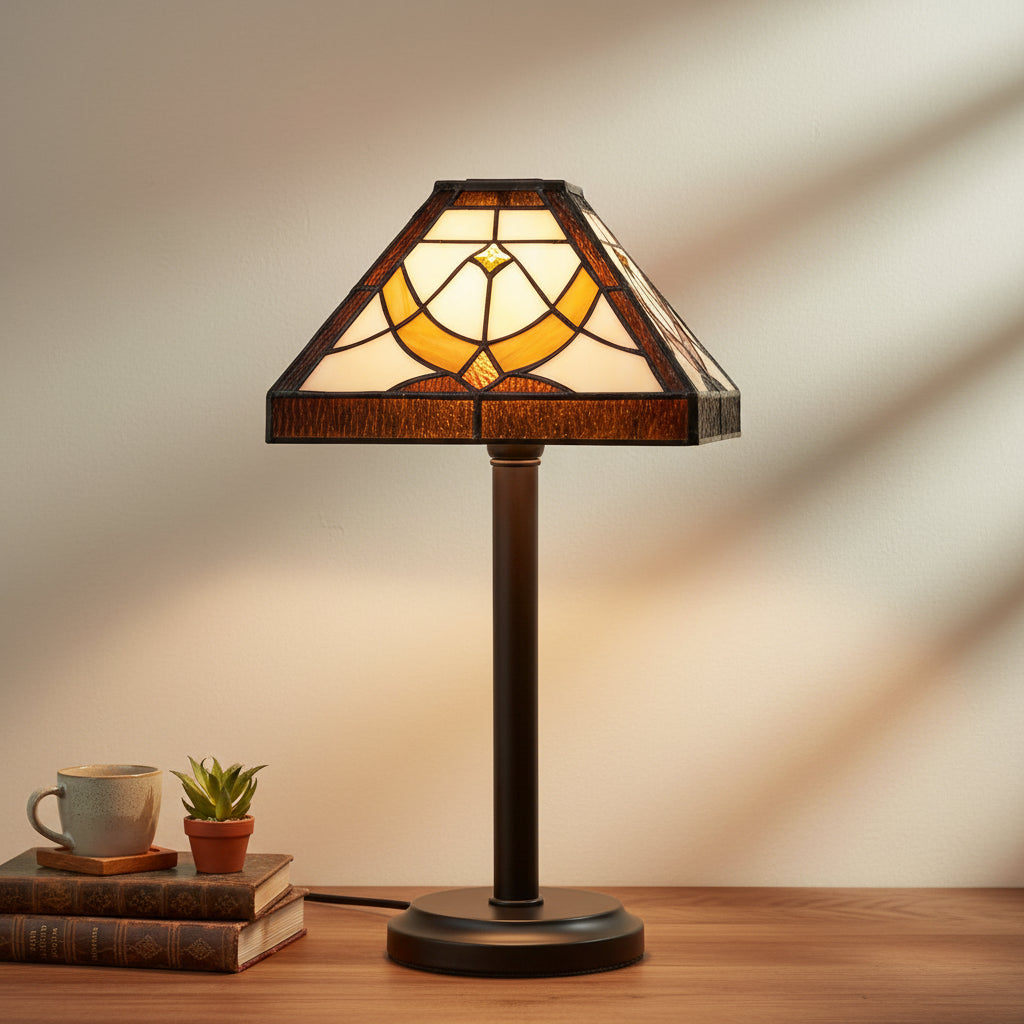 Square Tiffany-Style Lampshade in Cream and Amber