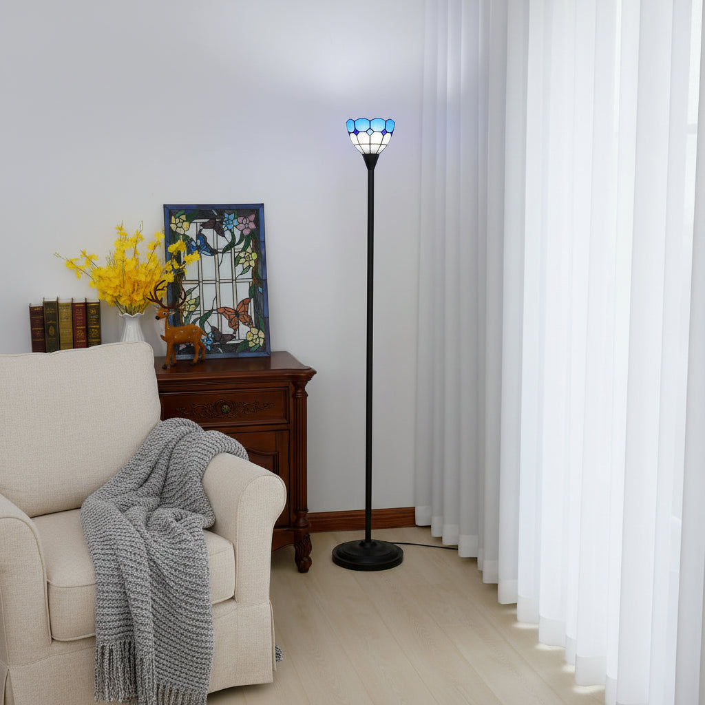 Blue and white stained glass floor lamp in the shape of a tulip
