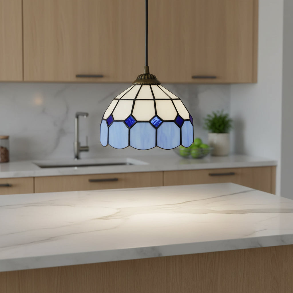 White and Blue Geometric Tiffany Pendant Light