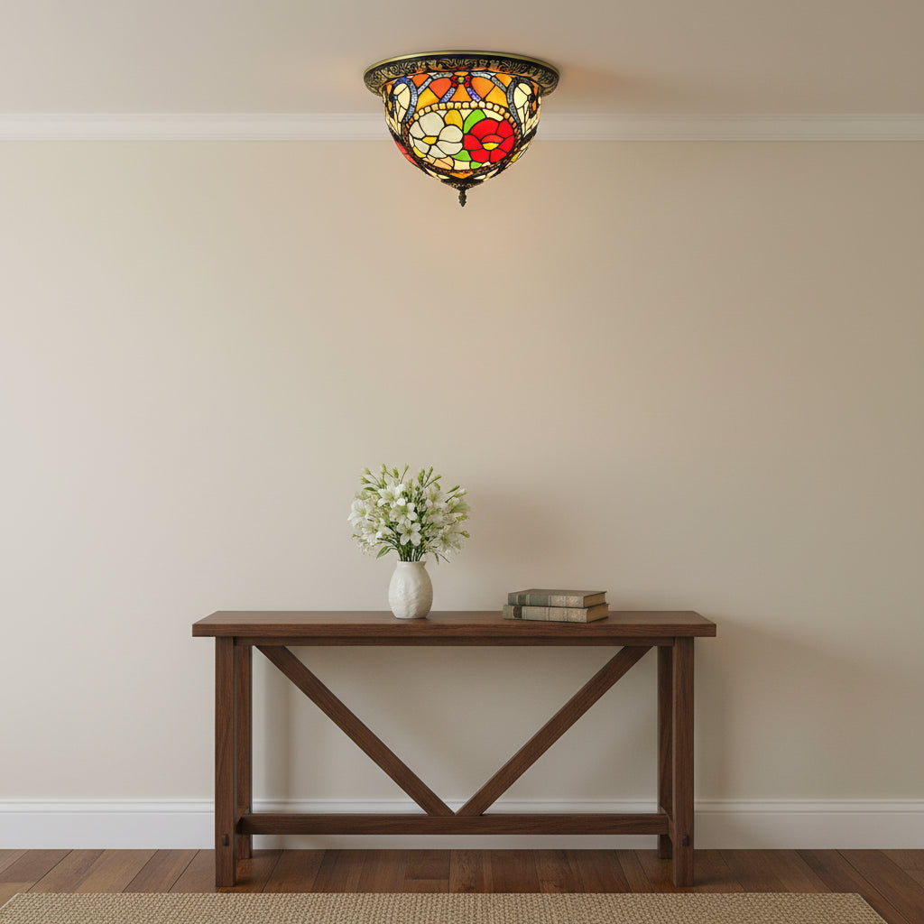 Tiffany-style Floral Stained Glass and Iron Ceiling Light